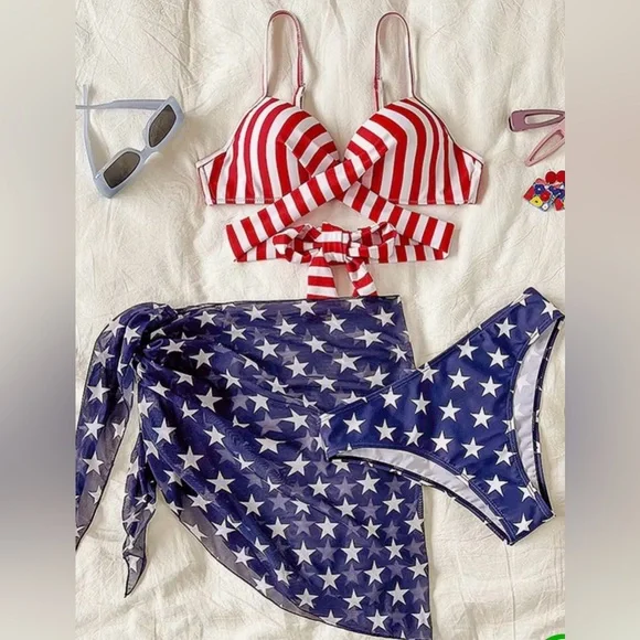 3pc American Flag Star Stripes Push Up Bikini Set with Sarong - Picture 9 of 14